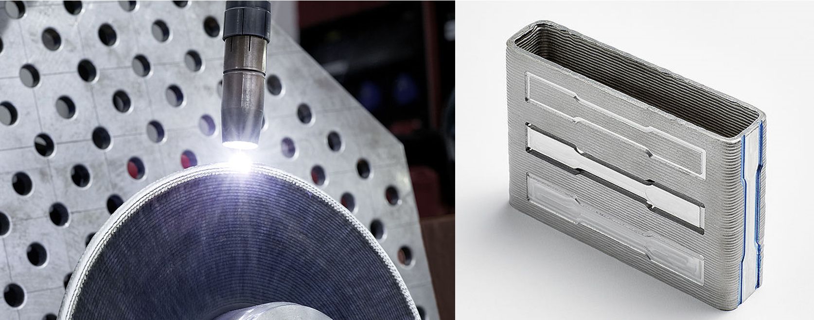 Left: Building a component using wire-based 3D printing via arc, right: a finished aluminum component