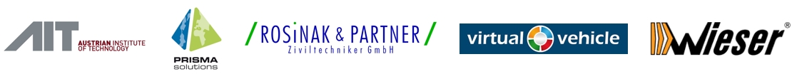 Logo von AIT, Prisma solutions, Rosinak & Partner, virtual vehicle und Wieser