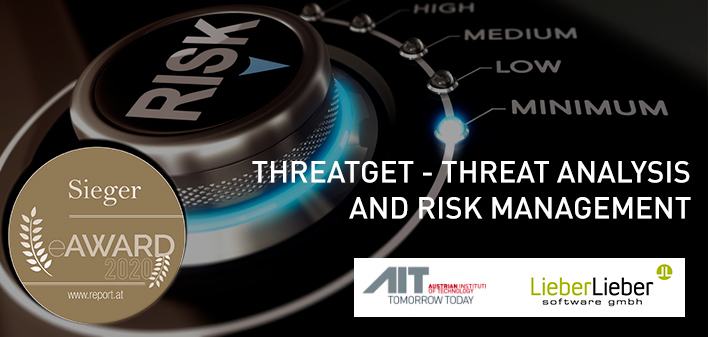 THREATGET" the new cyber security management system for the vehicle sector banner with Sieger Award 2020, AIT and LieberLieber logo